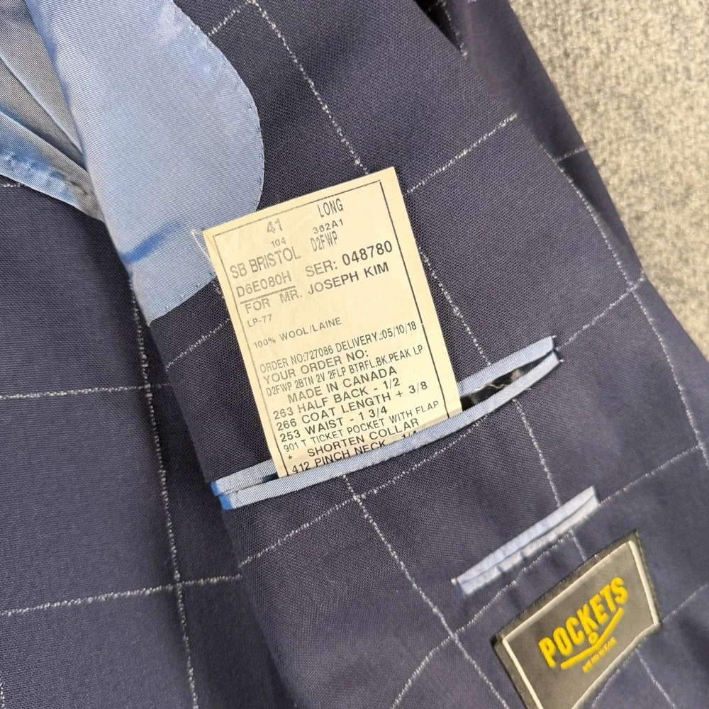 Samuelsohn SB Bristol Suit 41L Blue Windowpane Plaid Loro Piana Wool Pockets